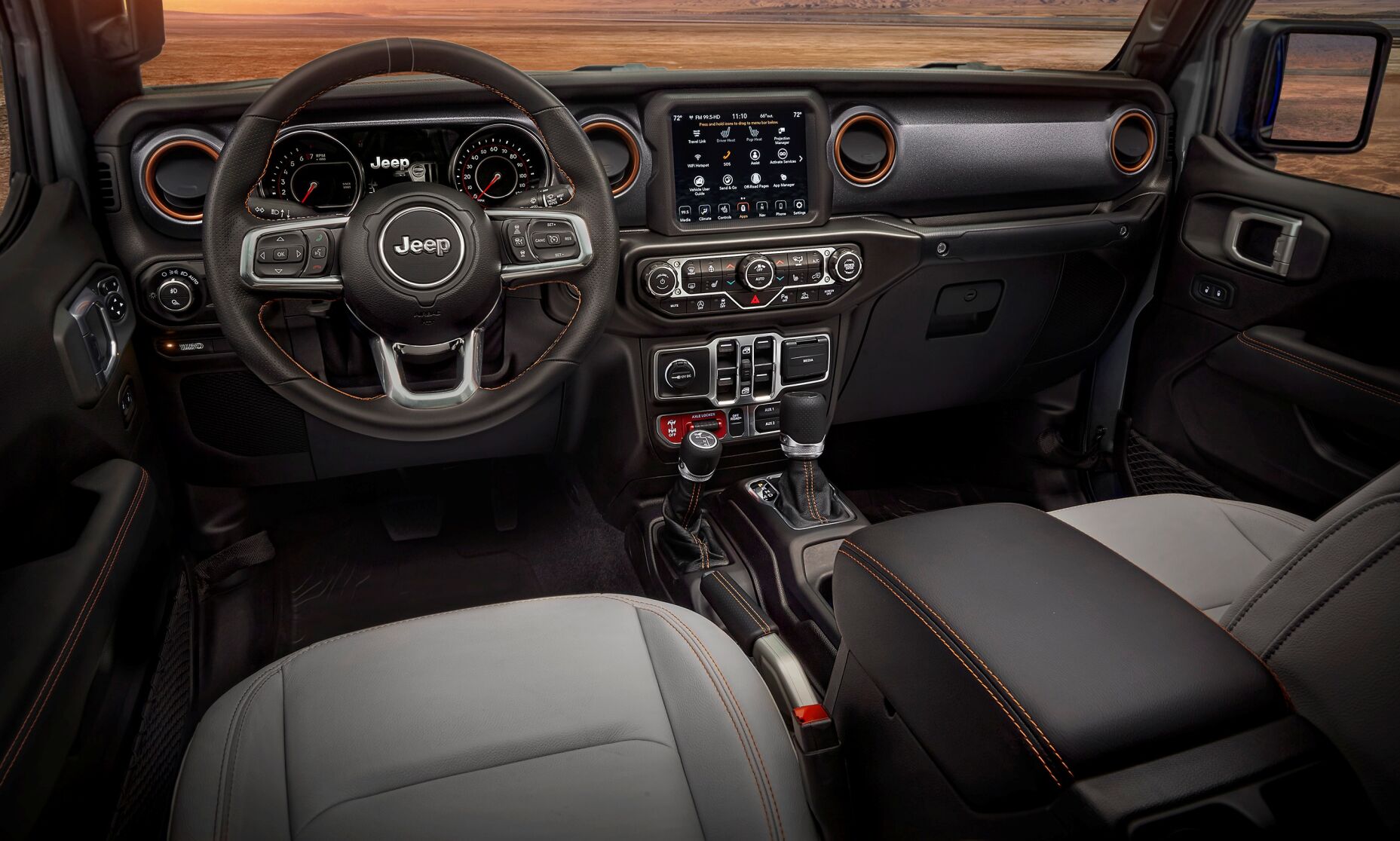 2020 JeepĀ® Gladiator Mojave with Steel Gray interior featuring Mojave-exclusive orange accent stitching